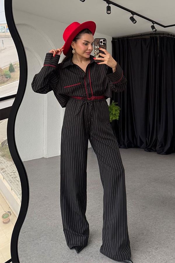 Ocie Çizgili Crop Gömlek Takım