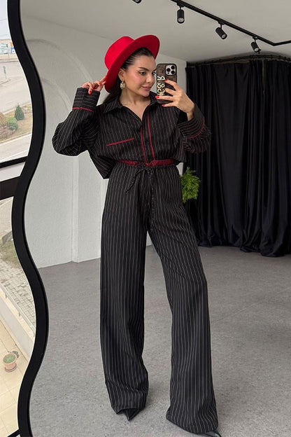 Ocie Çizgili Crop Gömlek Takım