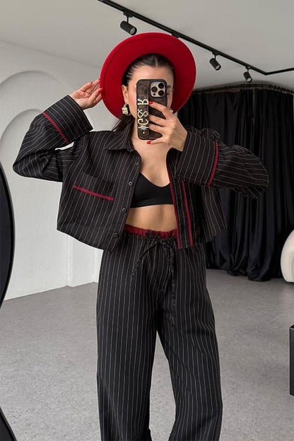 Ocie Çizgili Crop Gömlek Takım