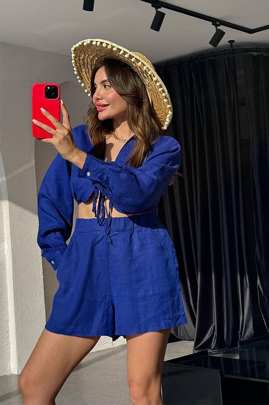 Octavia Keten Crop Şort Takım-Mavi