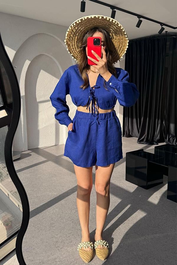 Octavia Keten Crop Şort Takım-Mavi