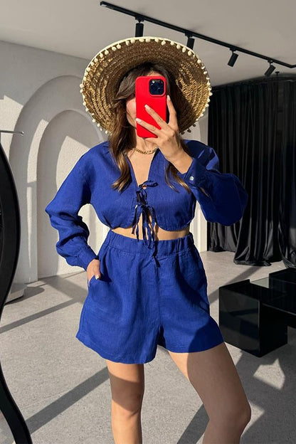 Octavia Keten Crop Şort Takım-Mavi
