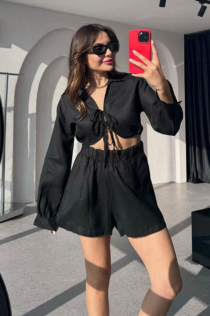 Octavia Keten Crop-Şort Takım-Siyah