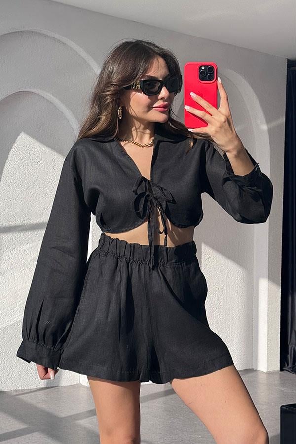 Octavia Keten Crop-Şort Takım-Siyah