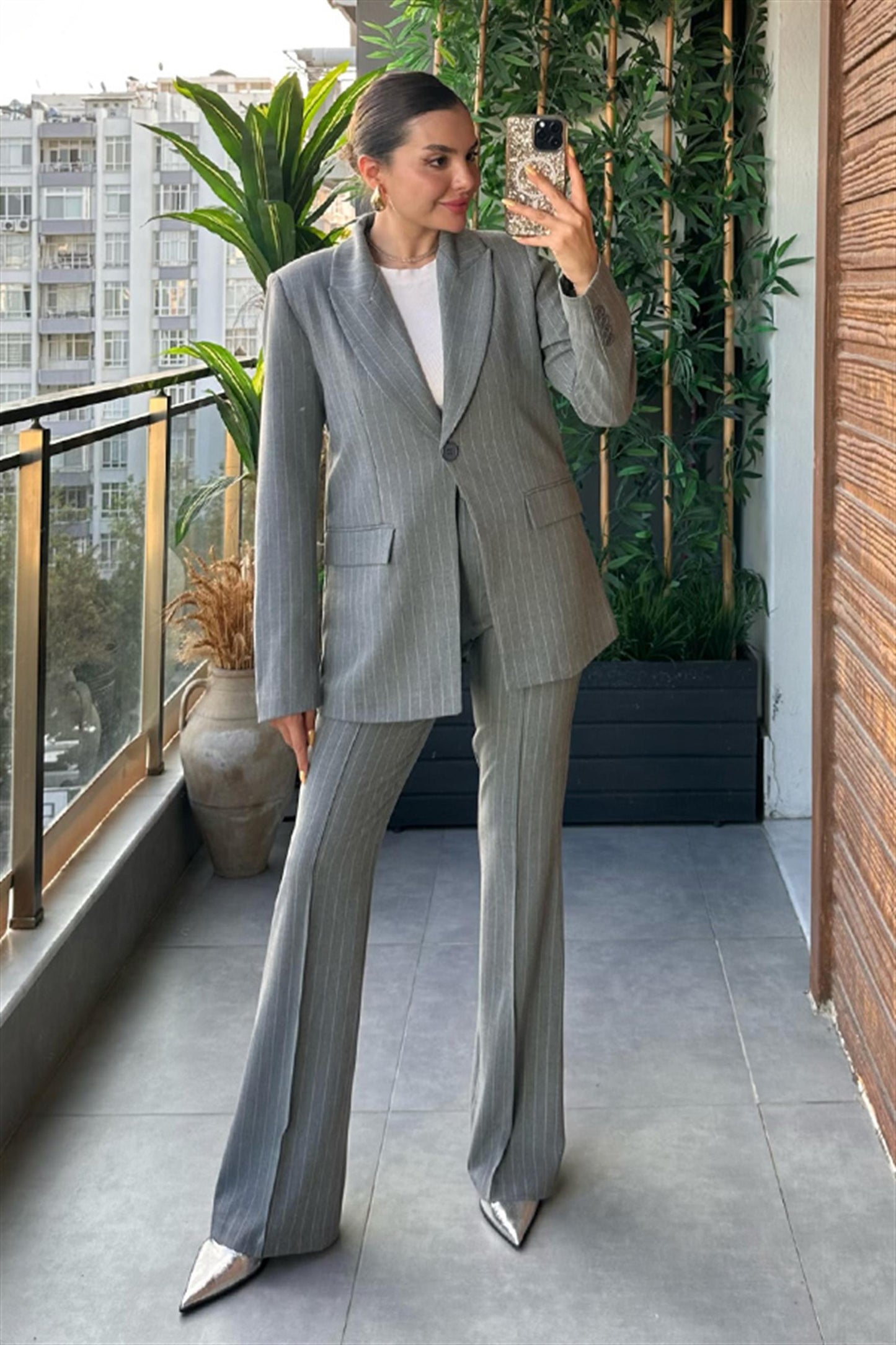 Old money gri çizgili slim fit takım