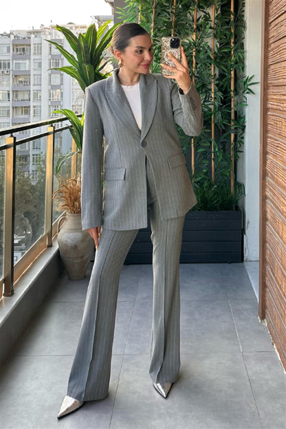 Old money gri çizgili slim fit takım