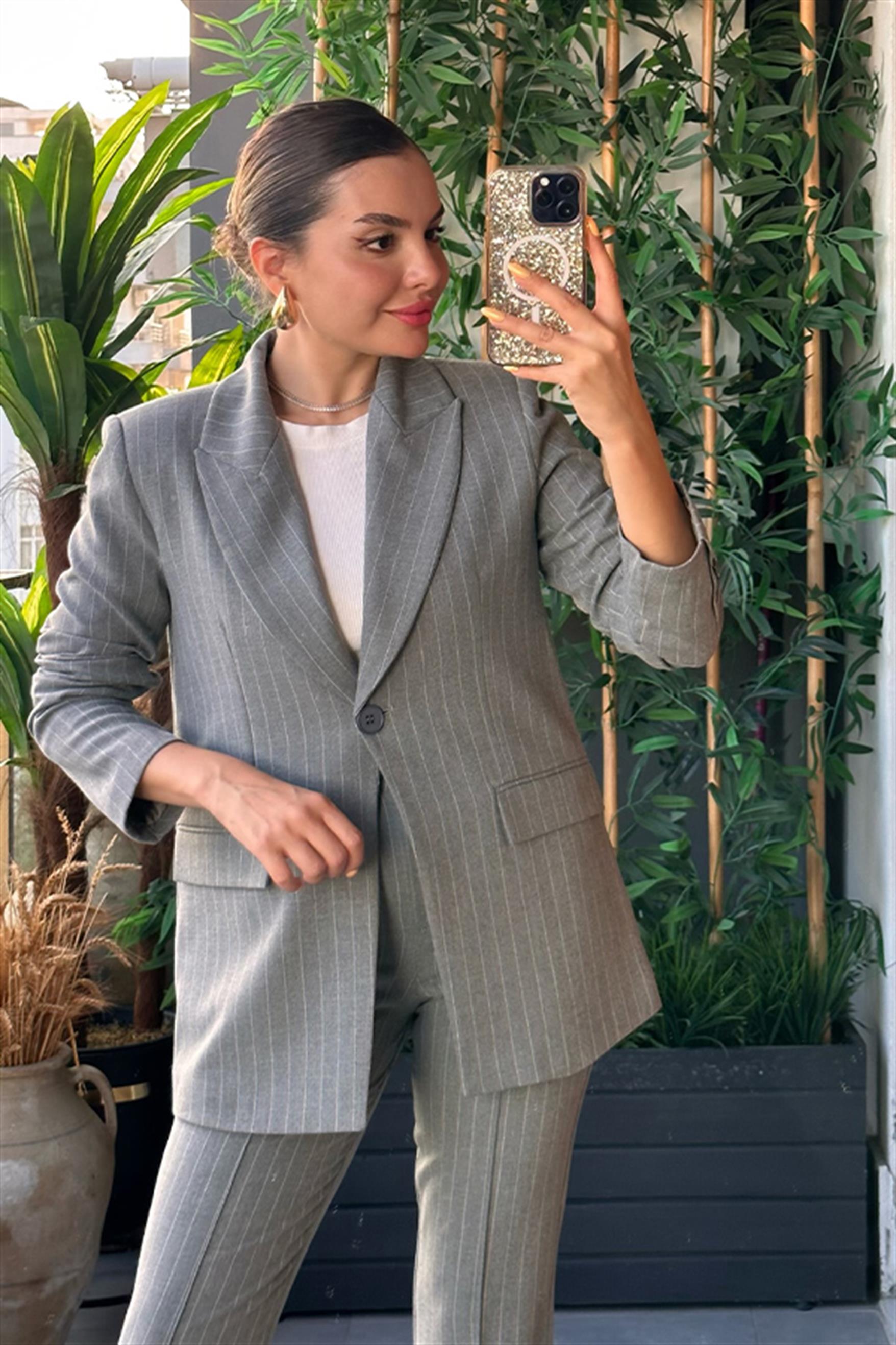 Old money gri çizgili slim fit takım