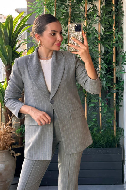 Old money gri çizgili slim fit takım