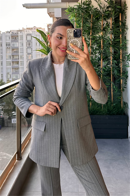 Old money gri çizgili slim fit takım