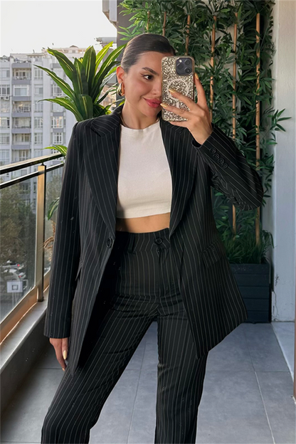 Old money siyah çizgili slim fit takım