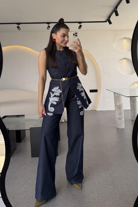 Olive Lacivert Nakışlı Denim Takım