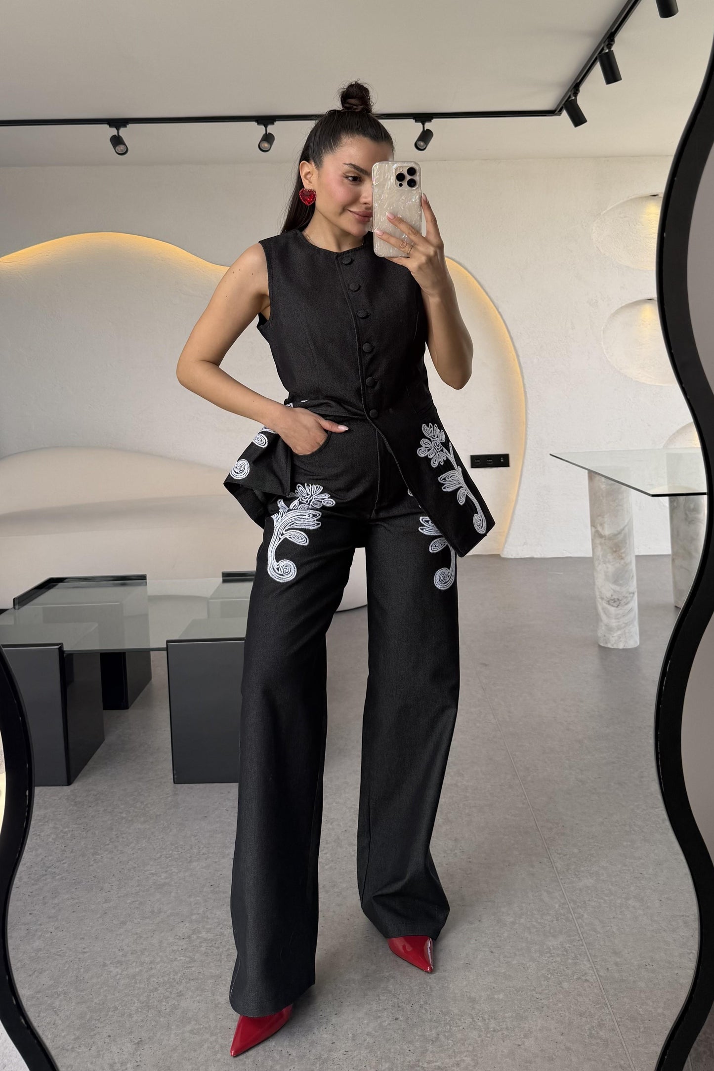 Olive Siyah Nakışlı Denim Takım