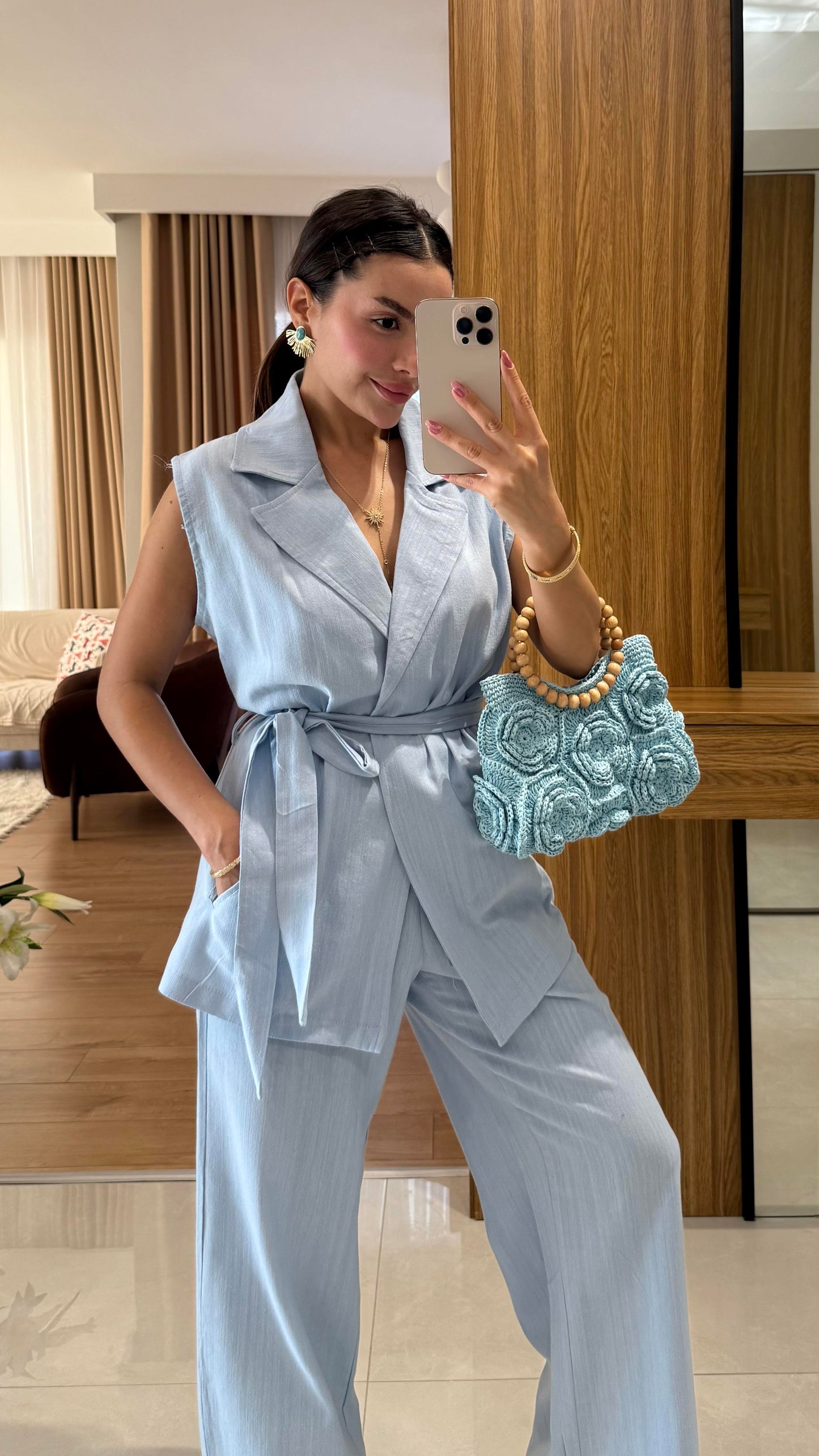 Olivina Mavi Kemerli Premium Keten Takım