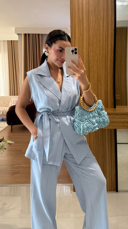 Olivina Mavi Kemerli Premium Keten Takım