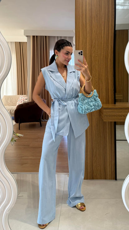 Olivina Mavi Kemerli Premium Keten Takım