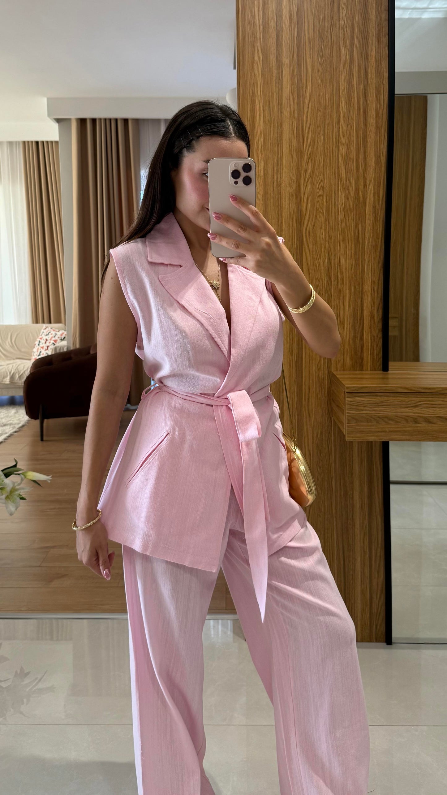 Olivina Pembe Kemerli Premium Keten Takım