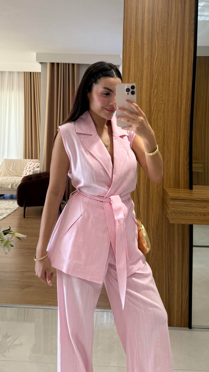 Olivina Pembe Kemerli Premium Keten Takım