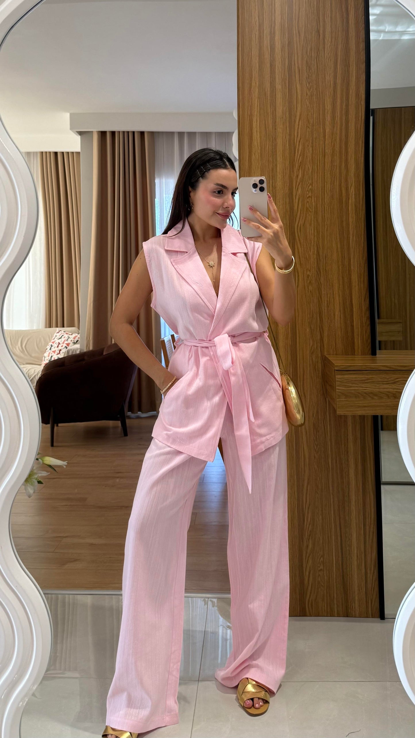 Olivina Pembe Kemerli Premium Keten Takım