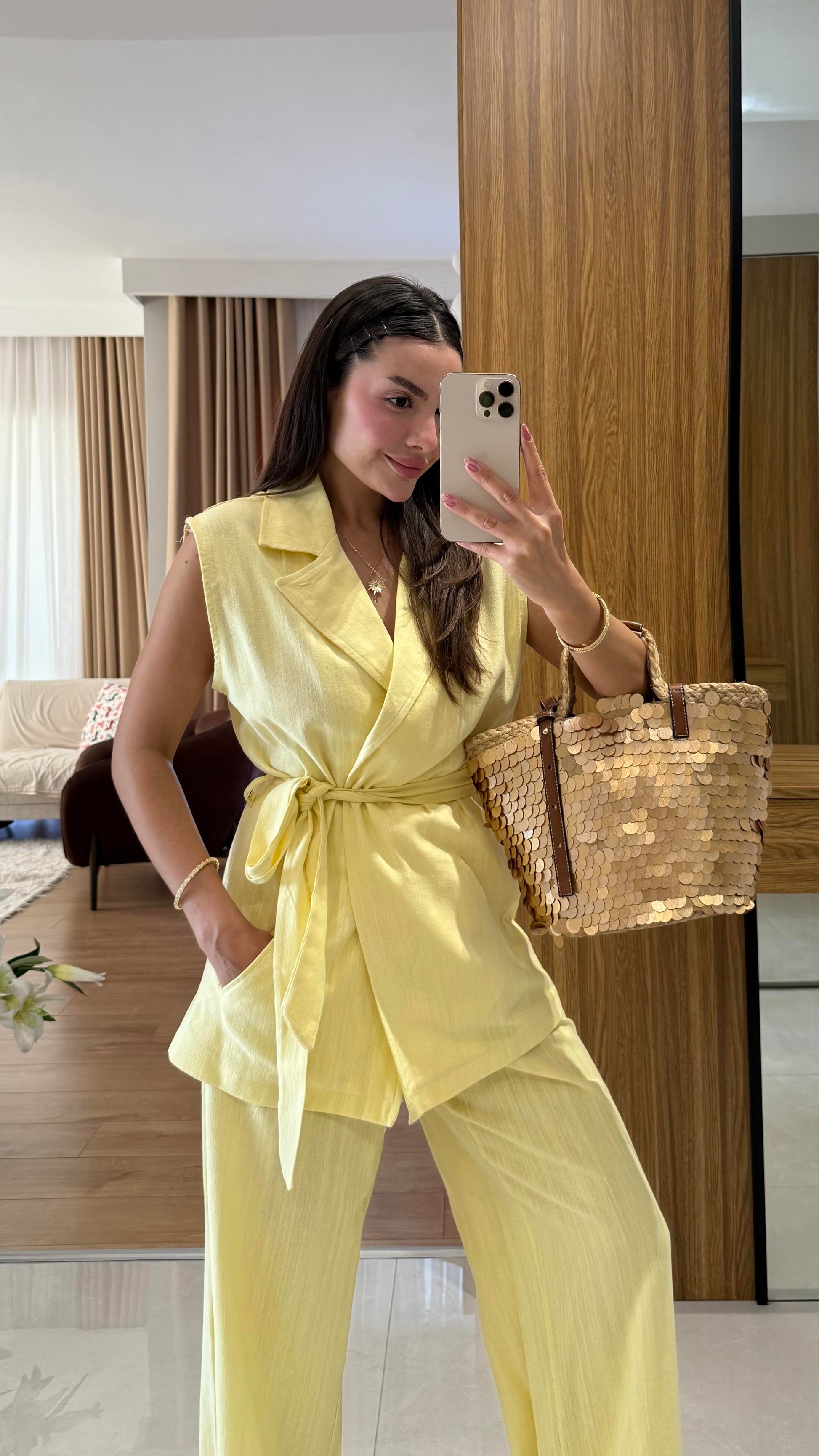 Olivina Sarı Kemerli Premium Keten Takım