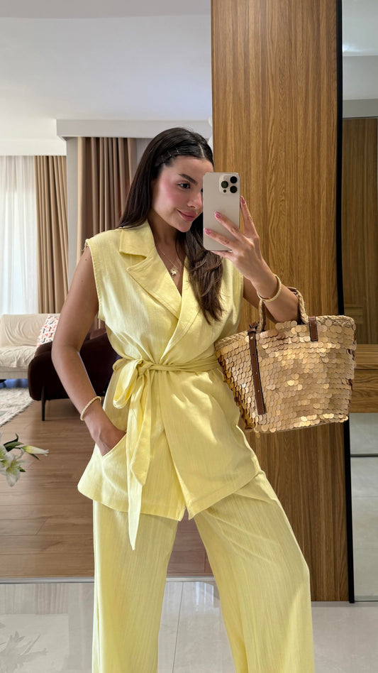 Olivina Sarı Kemerli Premium Keten Takım