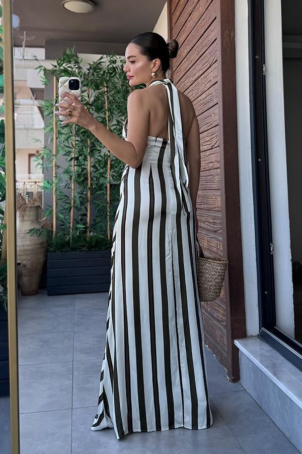 Oliwia Boyundan Bağlamalı Saten Elbise - Haki