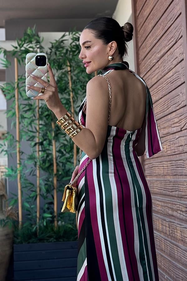 Oliwia Boyundan Bağlamalı Saten Elbise - Fuşya