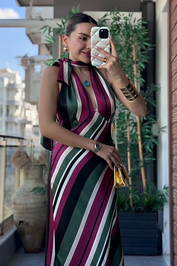 Oliwia Boyundan Bağlamalı Saten Elbise - Fuşya