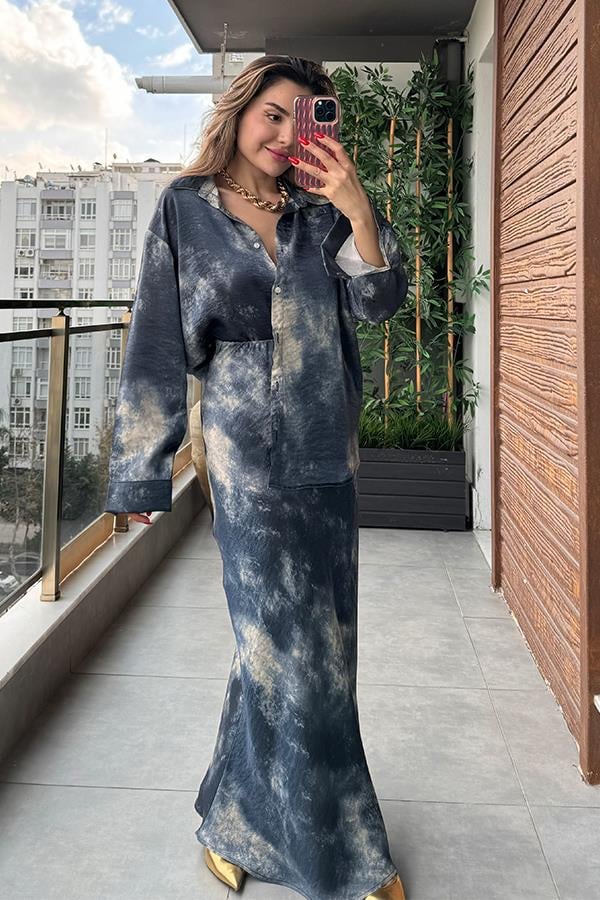 Olya Batik Desenli Gömlek Etek Takım - Lacivert