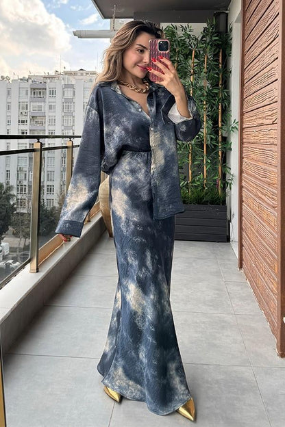 Olya Batik Desenli Gömlek Etek Takım - Lacivert