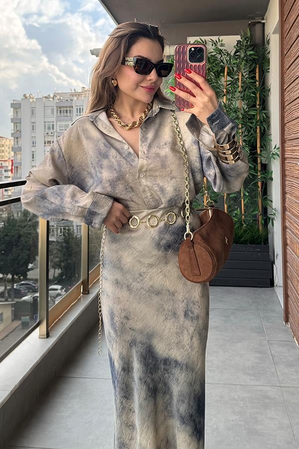 Olya Batik Desenli Gömlek Etek Takım - Taş