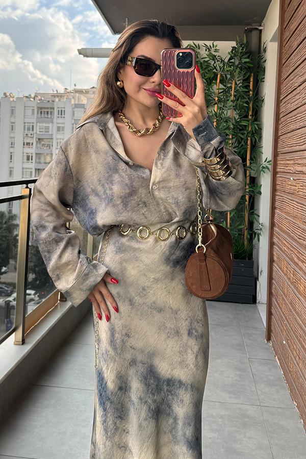 Olya Batik Desenli Gömlek Etek Takım - Taş