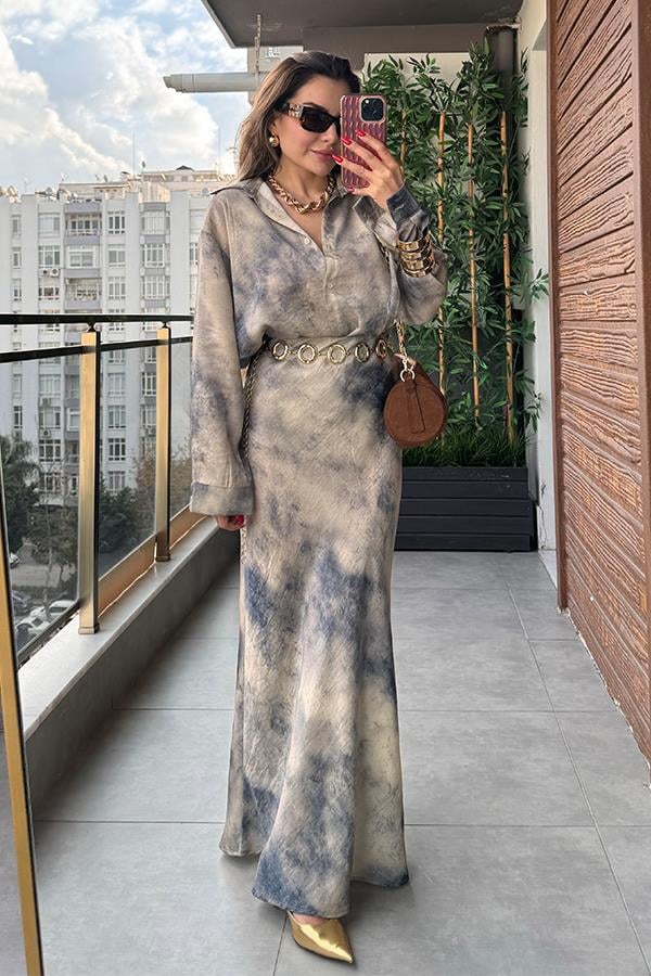 Olya Batik Desenli Gömlek Etek Takım - Taş