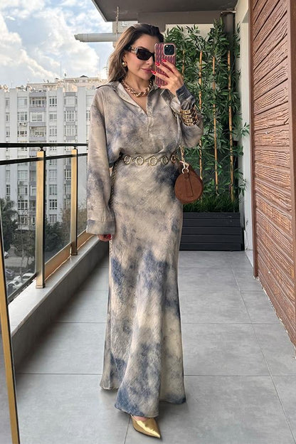 Olya Batik Desenli Gömlek Etek Takım - Taş