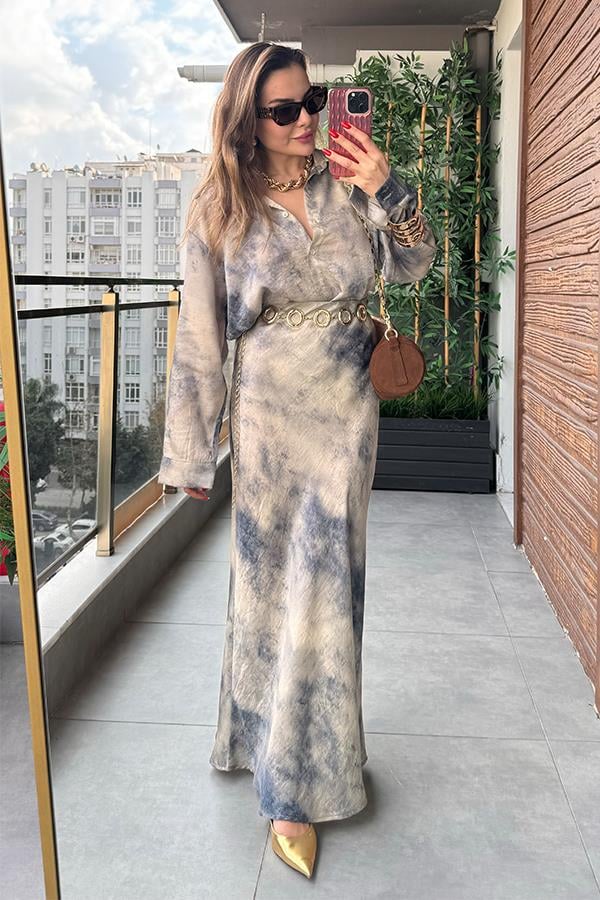 Olya Batik Desenli Gömlek Etek Takım - Taş