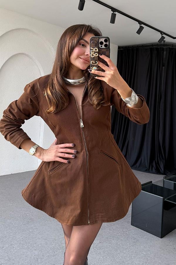 Olyve Yakası Deri Fermuarlı Kahve Ceket