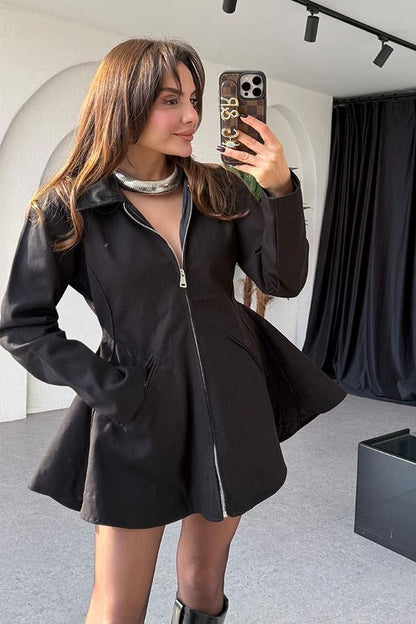 Olyve Yakası Deri Fermuarlı Siyah Ceket