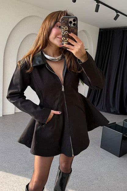 Olyve Yakası Deri Fermuarlı Siyah Ceket