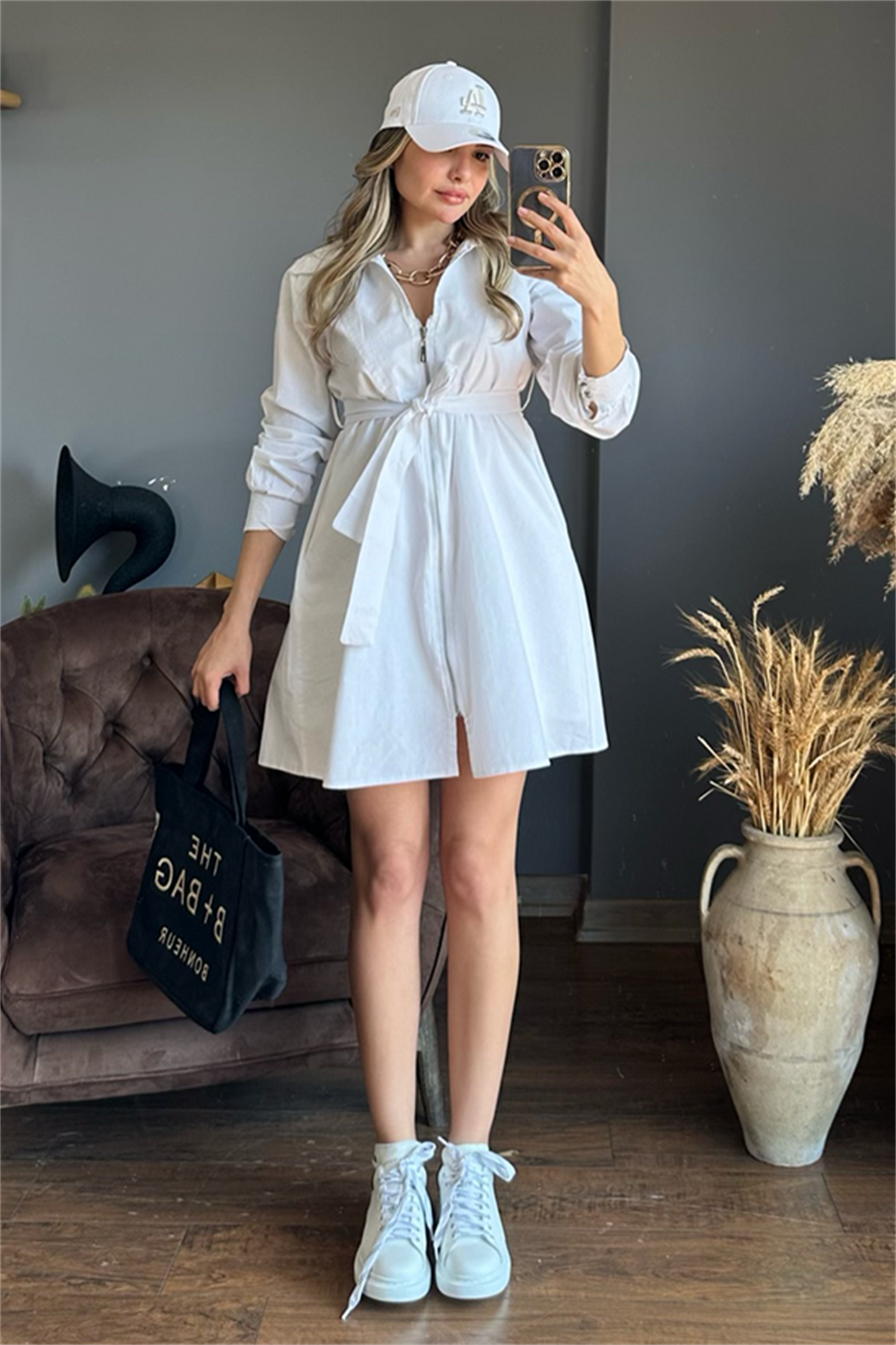 Önden full fermuarlı keten beyaz elbise