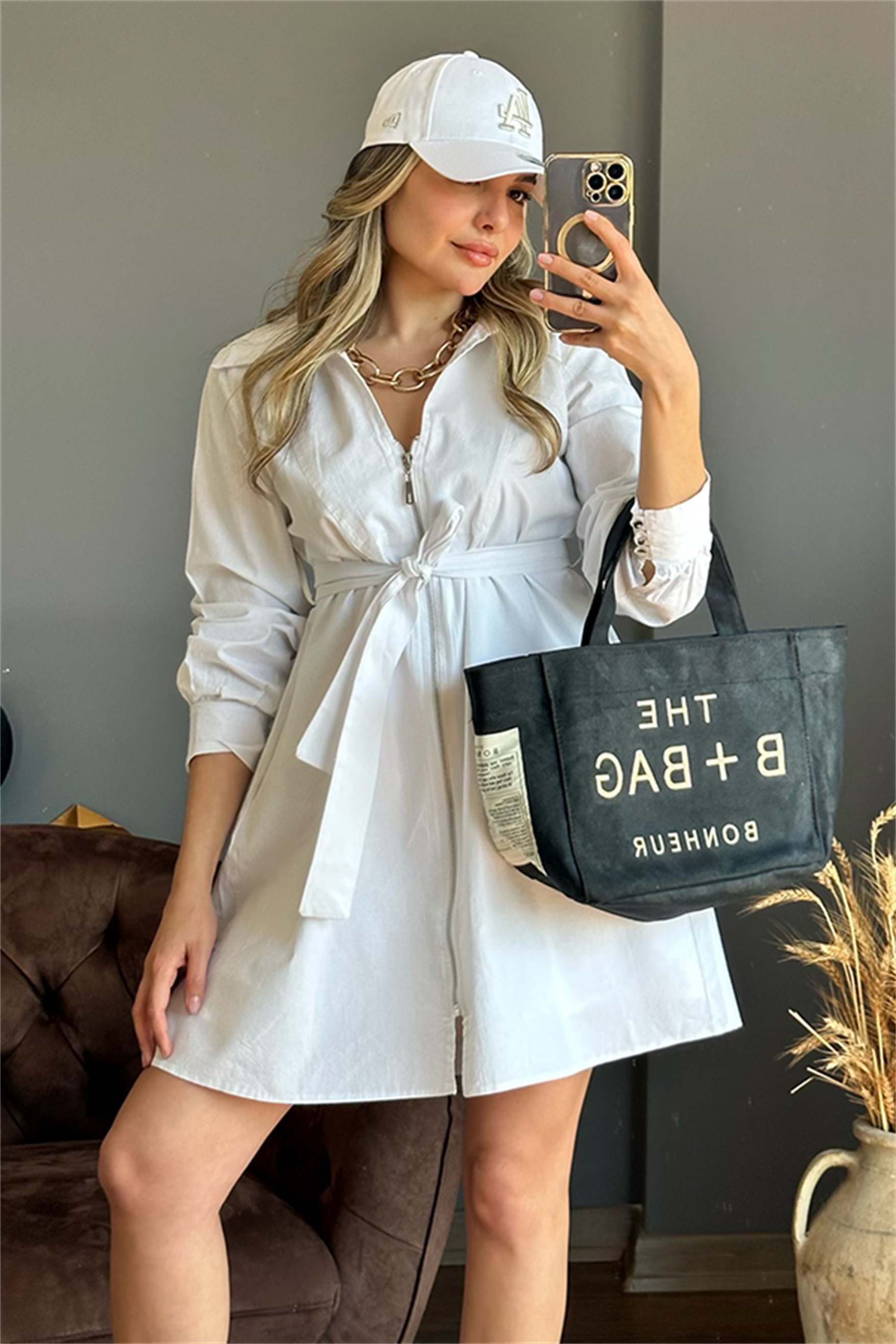 Önden full fermuarlı keten beyaz elbise