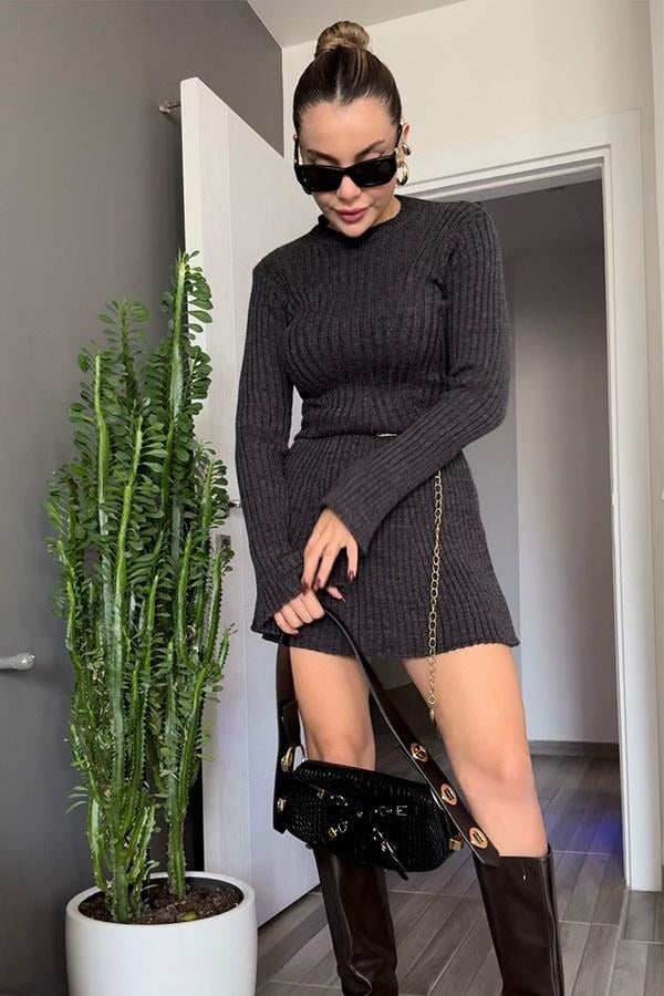 Ophelıa Triko Çan Elbise - Füme