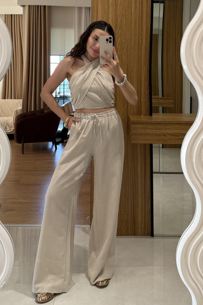 Ophira Bej Boyundan Bağlamalı Keten Takım