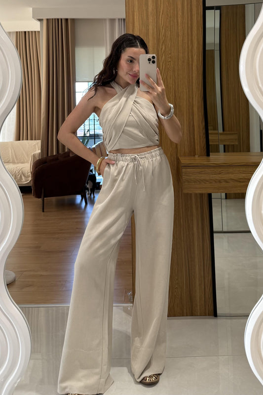 Ophira Bej Boyundan Bağlamalı Keten Takım