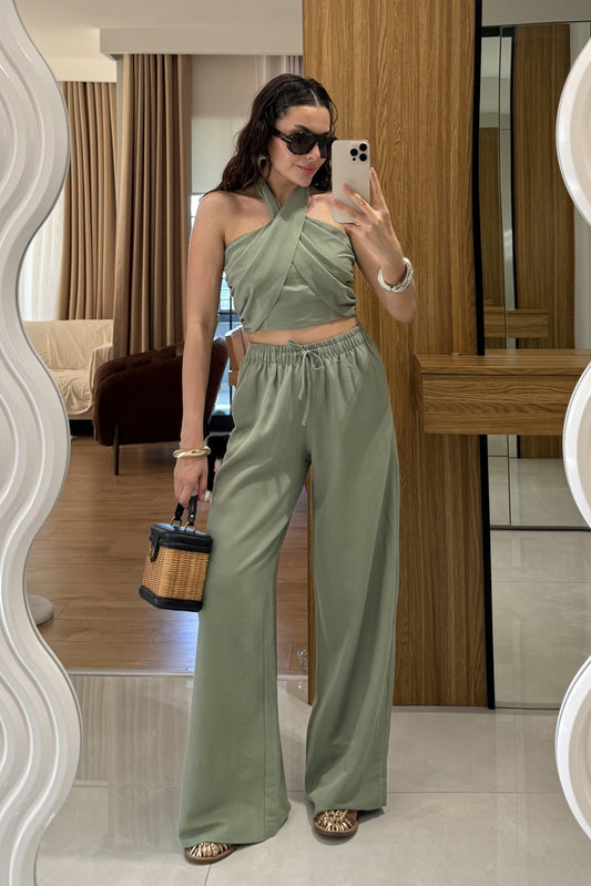 Ophira Haki Boyundan Bağlamalı Keten Takım