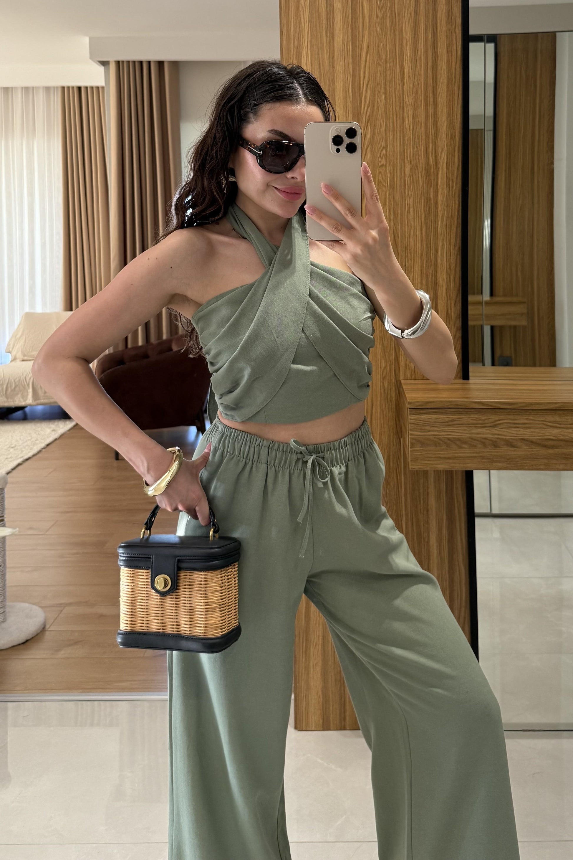 Ophira Haki Boyundan Bağlamalı Keten Takım