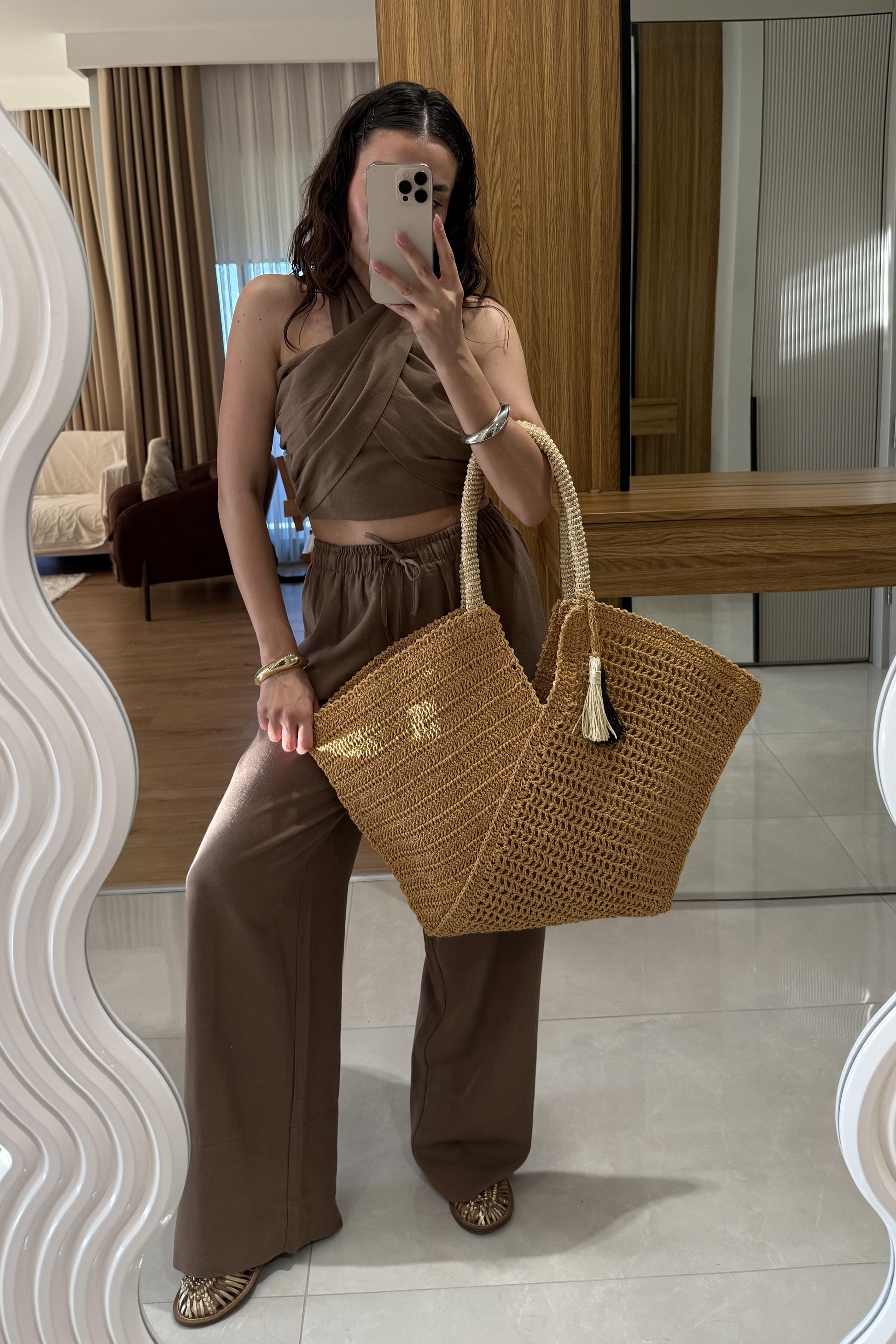 Ophira Kahve Boyundan Bağlamalı Keten Takım