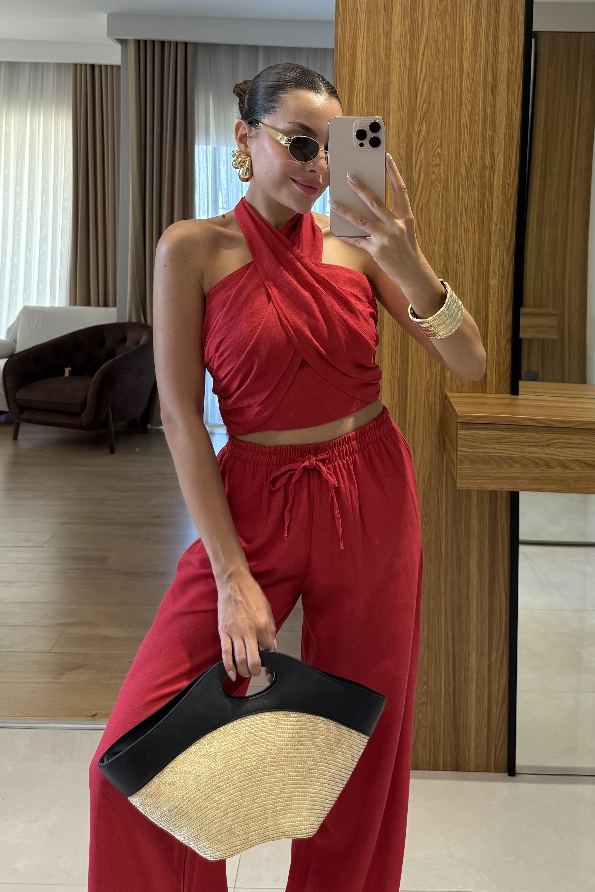 Ophira Kırmızı Boyundan Bağlamalı Keten Takım