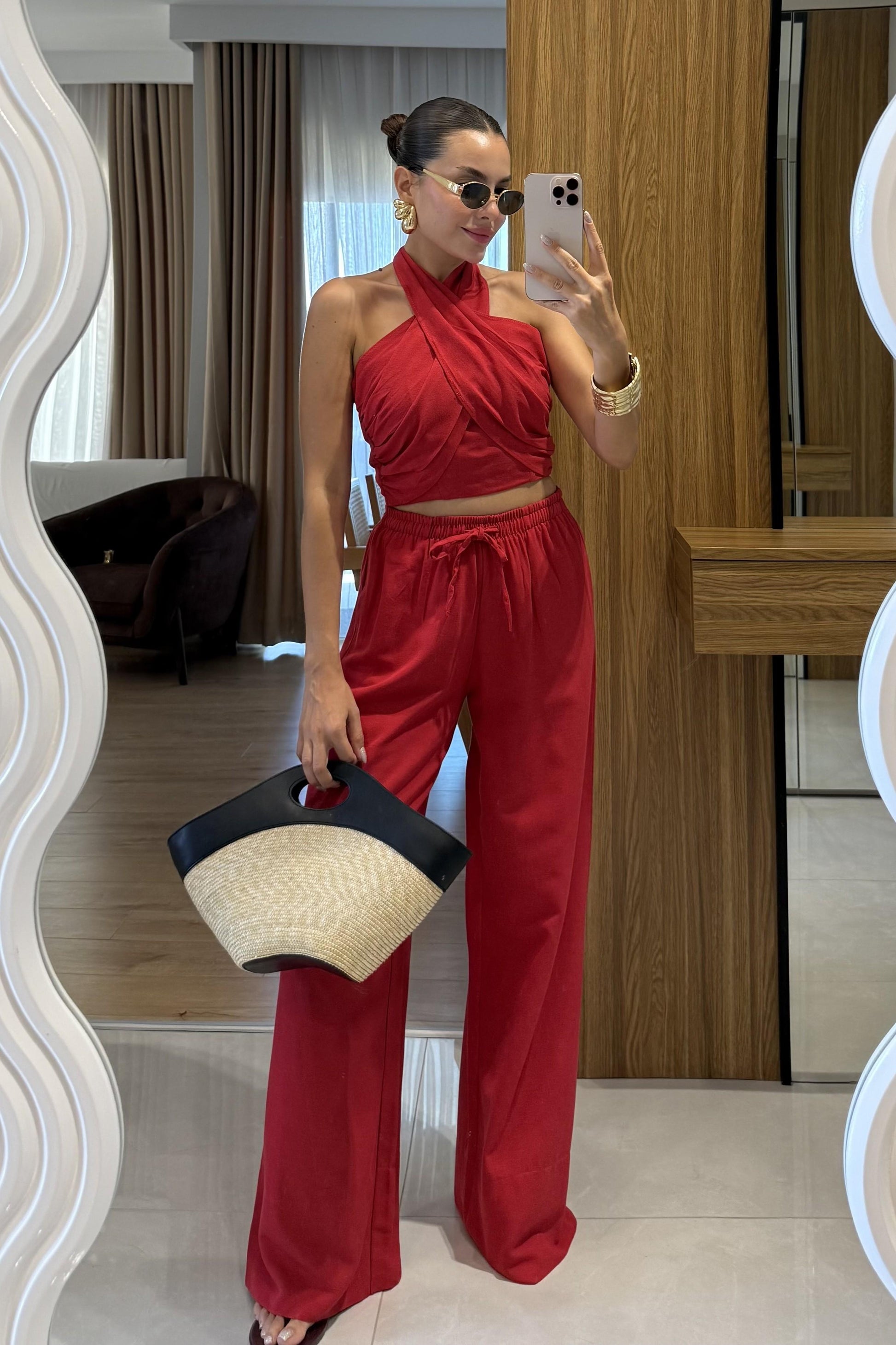 Ophira Kırmızı Boyundan Bağlamalı Keten Takım