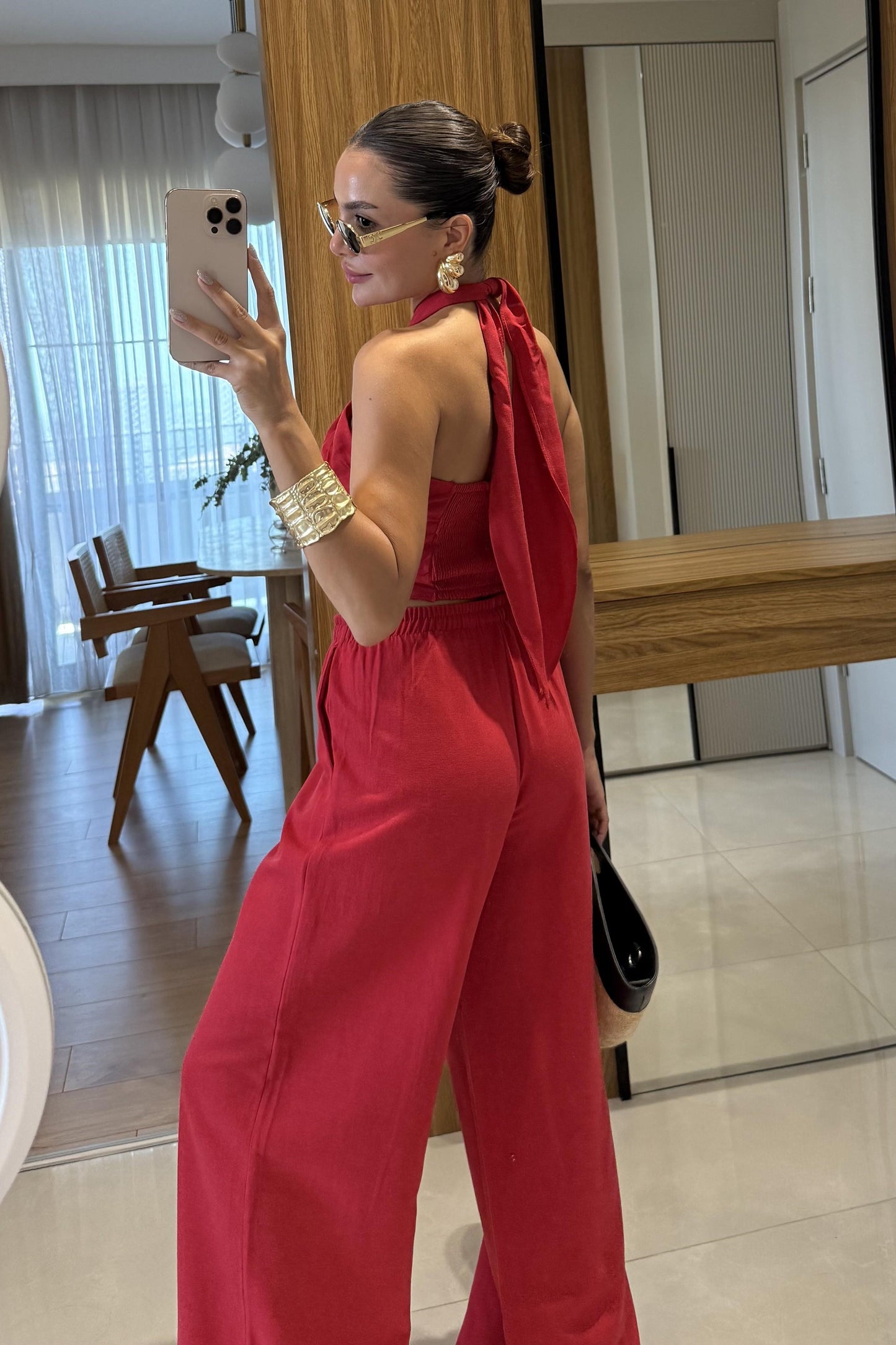 Ophira Kırmızı Boyundan Bağlamalı Keten Takım