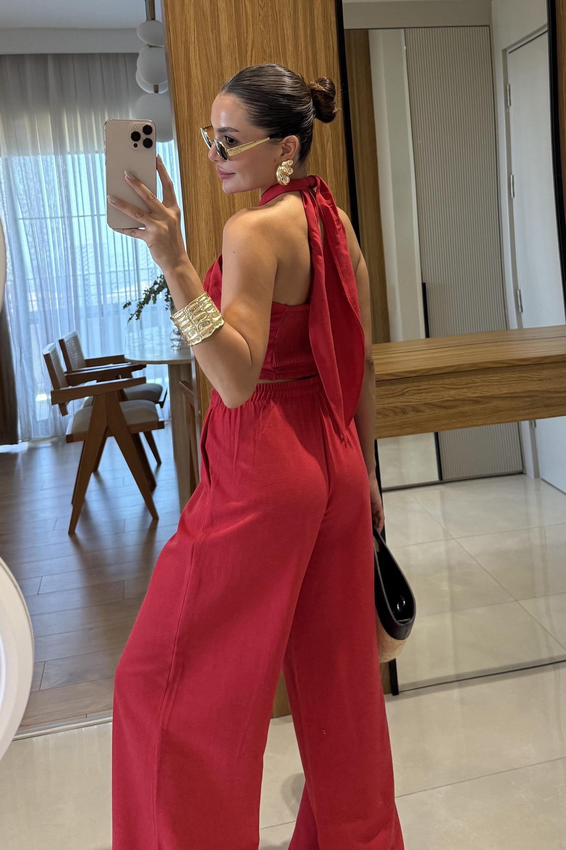 Ophira Kırmızı Boyundan Bağlamalı Keten Takım