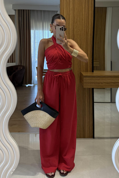 Ophira Kırmızı Boyundan Bağlamalı Keten Takım